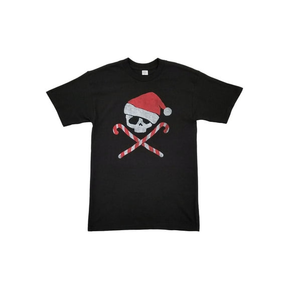 Mens Black Skull & Crossbones Candy Cane Santa Hat Novelty Christmas T-Shirt M