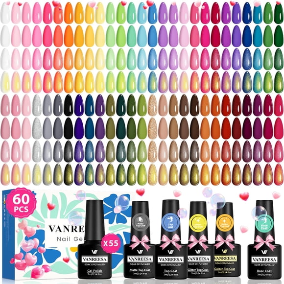 Set de esmaltes de uñas en gel VANREESA, 60 unidades, 55 colores, con base y capa superior