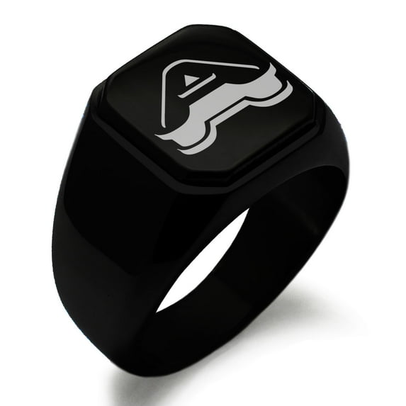 Stainless Steel Letter A Initial 3D Monogram Engraved Engraved Square Flat Top Biker Style Polished Signet Ring