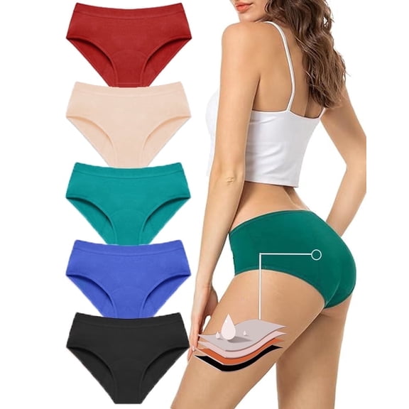Sunm Boutique Bamboo Period Underwear for Women, Leak-Proof Mid-Rise Menstrual Panties, 5-Pack Quick Absorbing Breathable