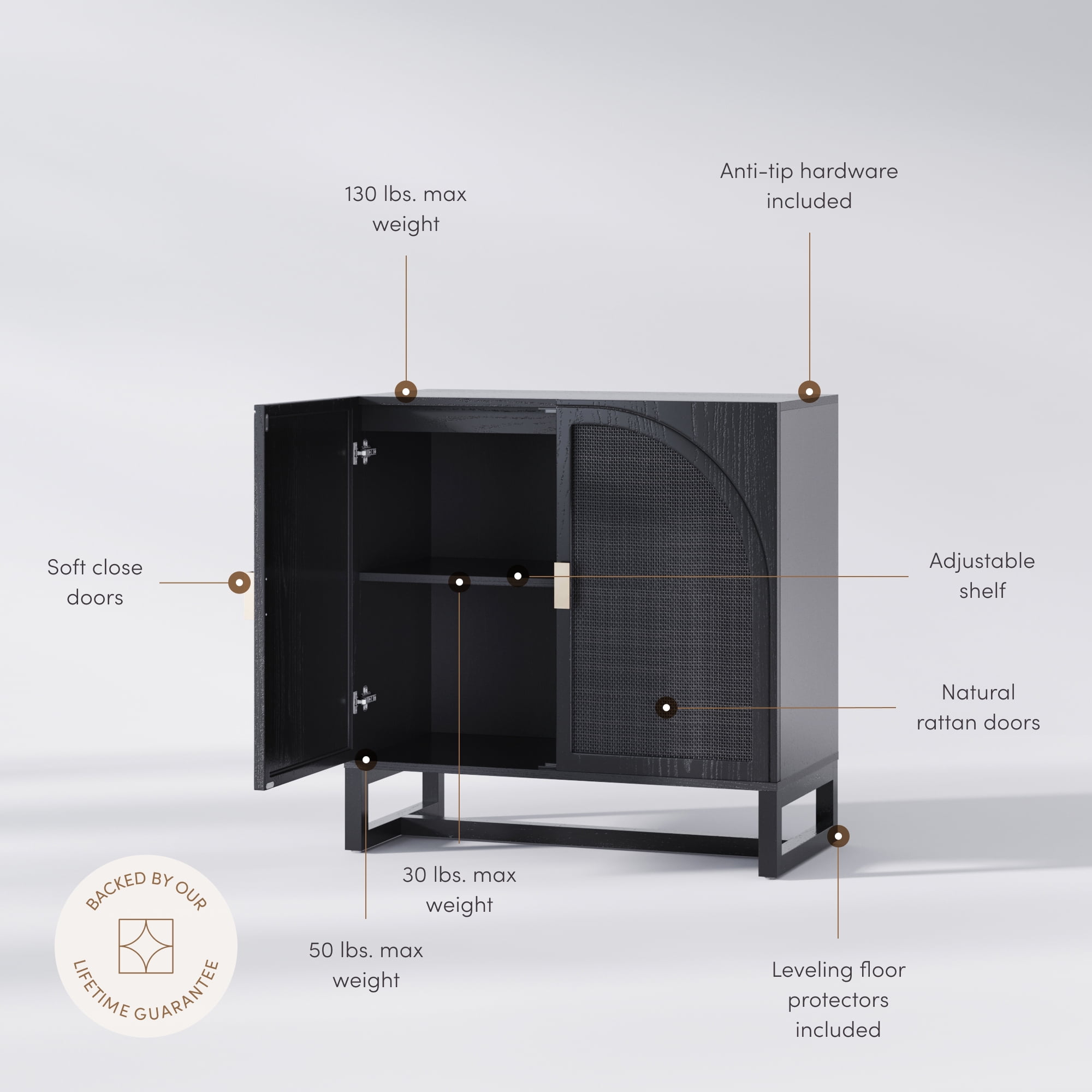 Nathan James Paxton Modern 2-Door Rattan Storage Cabinet, Wooden Cabinet with Doors for Living Room or Kitchen, Black Rattan