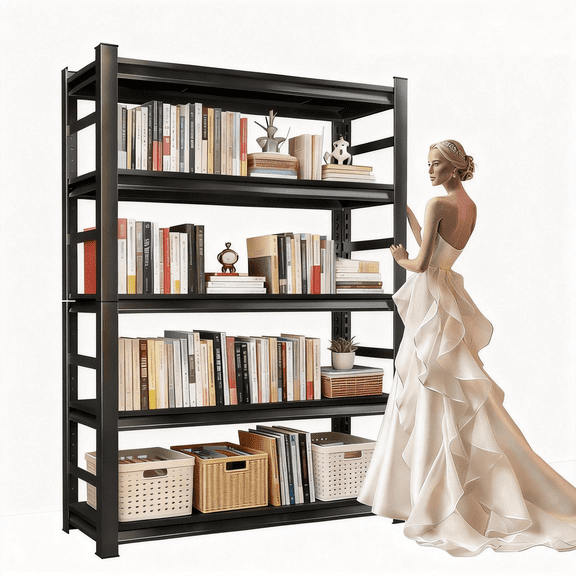 Metal BookShelf, 87'‘H x 48"W Industrial Bookshelves, Heavy Duty Storage Shelf for Books, Adjustable Standing Book Shelf for Living Room, Bedroom, Office, Library, Tool-Free Assembly, Black(5-Tier)