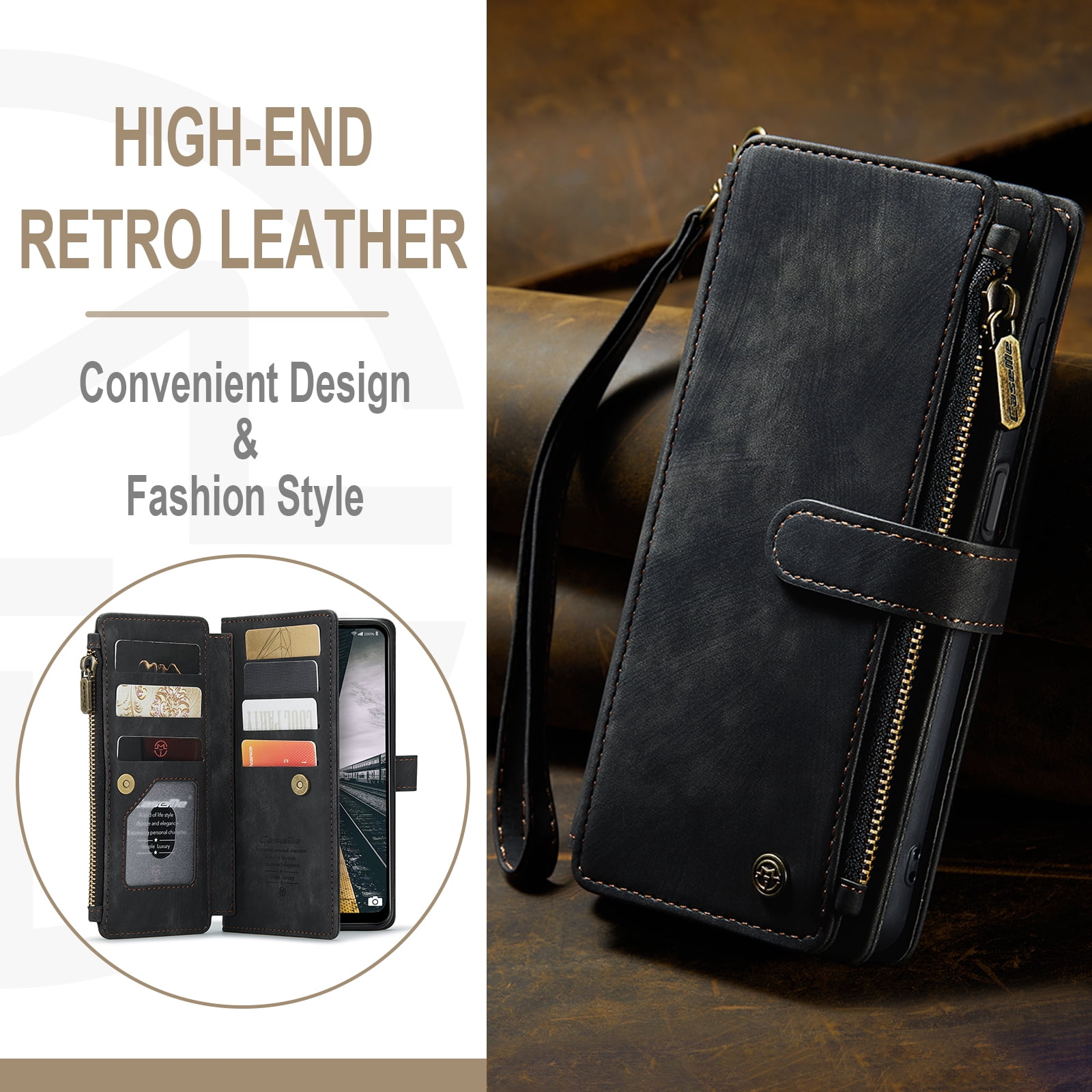 Dteck Wallet Case for Samsung Galaxy S25 Ultra,Magnetic Retro Leather Case Flip Folio Zipper Purse with Card Holder Slot Kickstand Shockproof Phone Cover for Samsung Galaxy S25 Ultra 5G,Black
