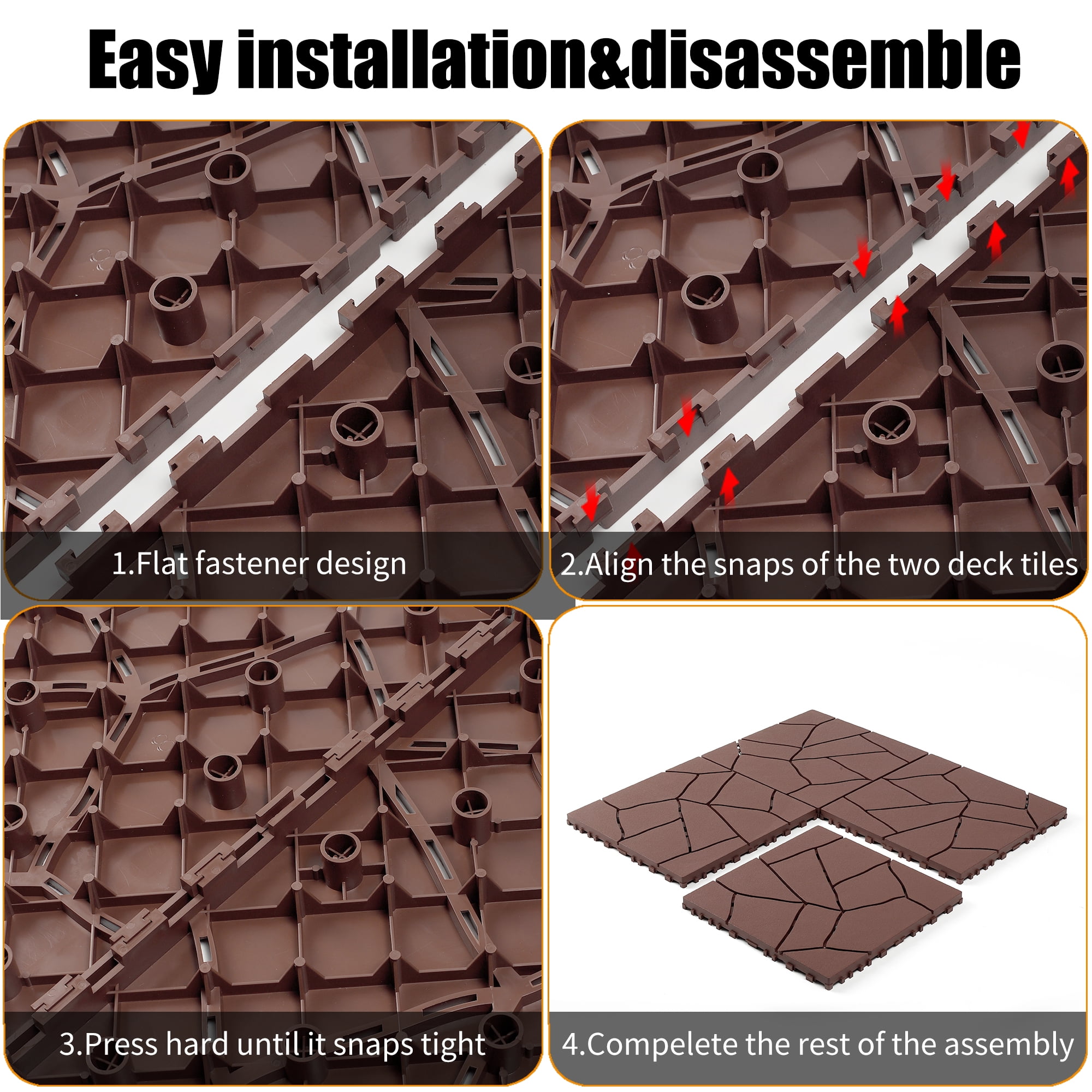 Stone Style 12" Patio Deck Tiles 44pcs Brown DIY Module Interlocking Floor Tiles PP Indoor Outdoor Quick Installation for Porch Poolside Balcony Backyard