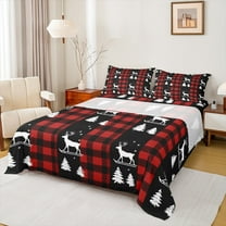 jejeloiu Wild Deer Bed Sheets,Merry Xmas Tree King Sheets,Red Black Grid Sheet Set For Boy Kids,Microfiber Bedroom Decor,4pcs