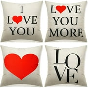 JOOCAR 4 Pieces Valentine's Day Pillow Covers Linen Throw Pillow Case I Love You Love You More Cushion Protector Home Decorations for Couch Sofa Bed Mothers Day 18 x 18 Inch