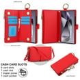 thumbnail image 4 of Wallet Case for Samsung Galaxy S25 Ultra, PU Leather Flip Cover with RFID Blocking Card Slots Zipper Pocket, Hand Strap Kickstand Magnetic Clasp Finger Ring Detachable Crossbody Strap, Red, 4 of 7