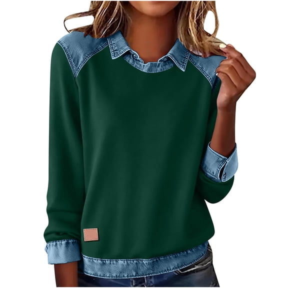Dgankt Long Sleeve Tops Women's Western Shirts Solid Color Casual Loose Long-Sleeve Top Collared Denim Patchwork Stitching Fashion Sweatshirt Pullover Top S-2XL
