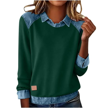 UTSJKR Women Long Sleeve Shirts Lapel Collar Denim Patchwork Casual Spring Loose Sweatshirt Pullover Top Color Block Outfits Green L