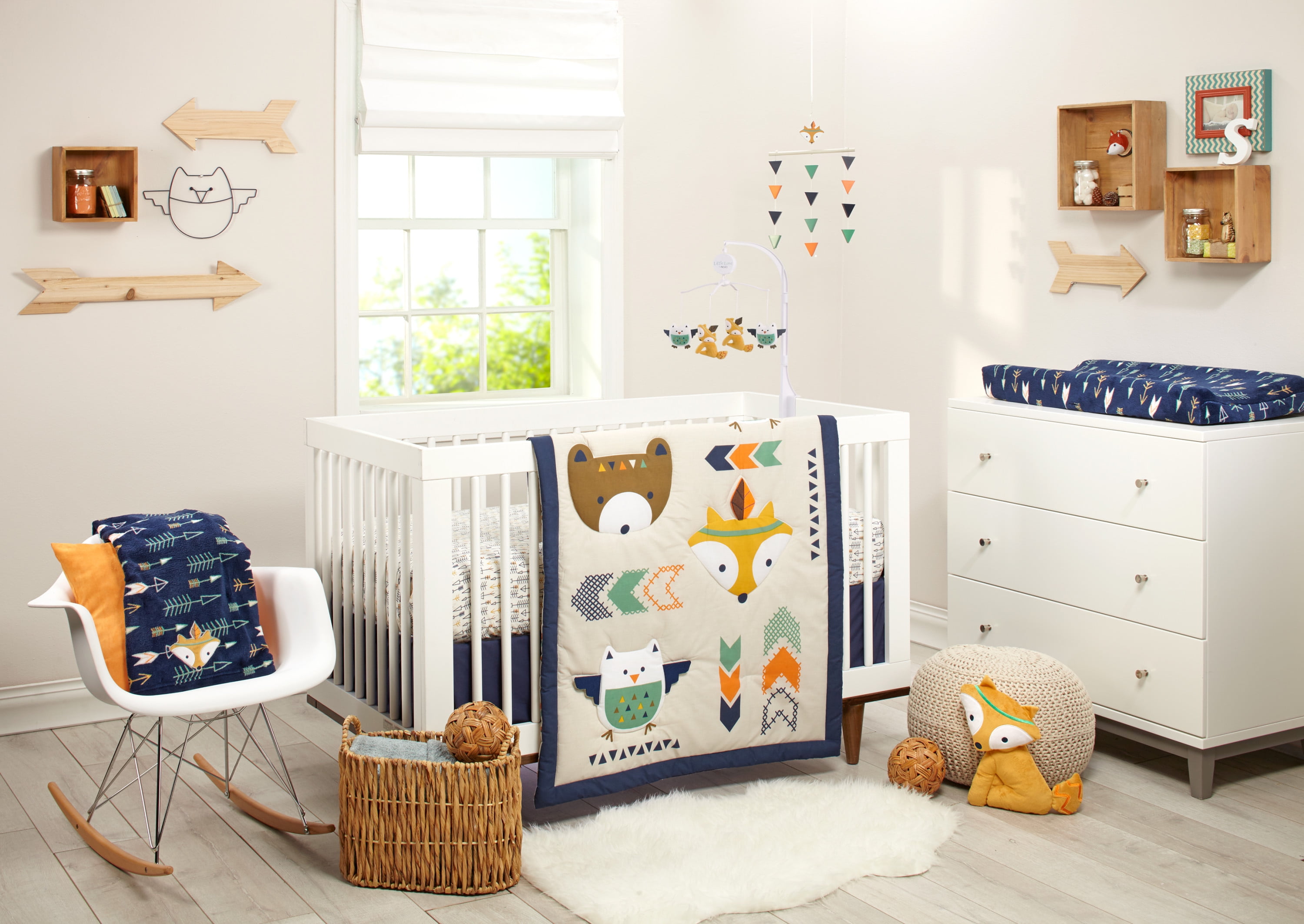 Little Love by NoJo Aztec Fox and Owl Musical Mobile, Green, Gold, Unisex Infant Nursery