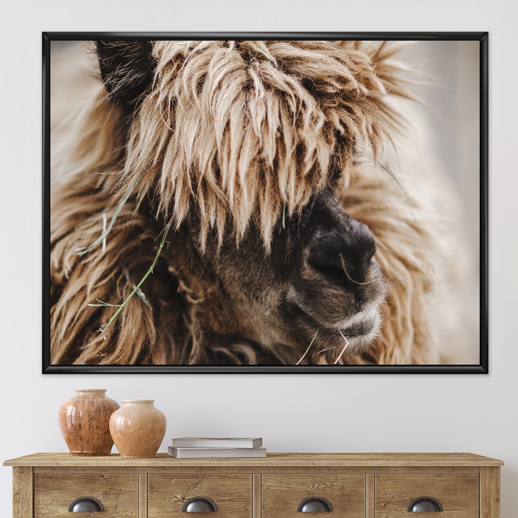 Designart 'Close Up Of Fluffy Curly Alpaca' Farmhouse Framed Canvas Wall Art Print