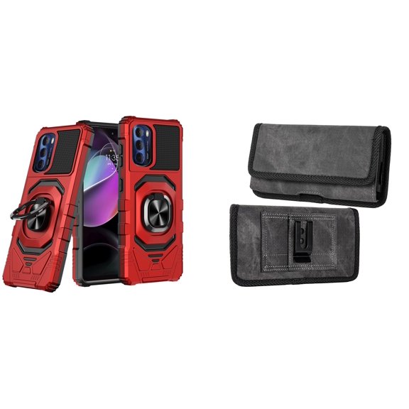 Case with Belt Holster Bundle for Moto G Stylus 5G 2022: Heavy Duty Shield Cover (Red) and Rugged Denim Nylon Phone Pouch (Grey)