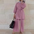 thumbnail image 4 of Womens Solid Color 2 Piece Outfits Long Sleeve Belted Pullover Tops Wide Leg Long Pants Sets Loungewear Tracksuits, 4 of 7