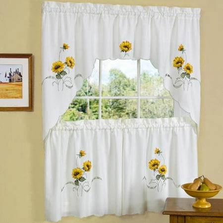 Sunflower Swag - bed bath n more Traditional Two-piece Tailored Tier and Swag Window Curtains Set with Embroidered Yellow Sunflowers - 36 inch