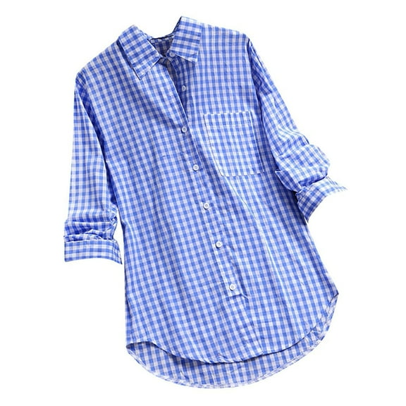 Inkach Womens Casual Loose Plaid Long Sleeve Pockets Plus Size Tanic Blouse Tops Shirt