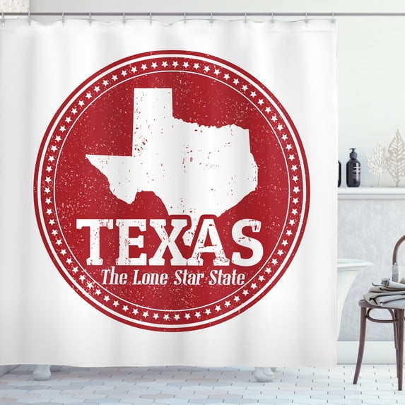 Texas Star Shower Curtain, Vintage Stamp Pattern Map and the Lone Star State Written in Circular Frame, Fabric Bathroom Set with Hooks, 69W X 70L Inches, Ruby and White, by Ambesonne