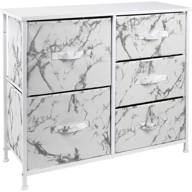 Sorbus Commode avec 5 Tiroirs - Cadre Blanc, Tiroirs en Marbre Blanc