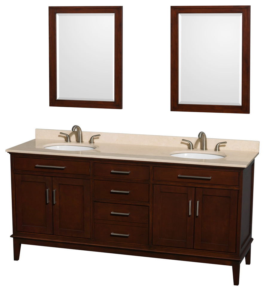 72" Double Vanity,Dark Chestnut,Ivory Marble Top,Undermount Oval Sinks