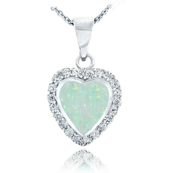 Sterling Silver Created White Opal & CZ Heart Necklace