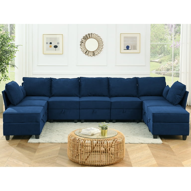 9 Seat Navy Blue Corduroy Velvet Modular Sofa Set Convertible