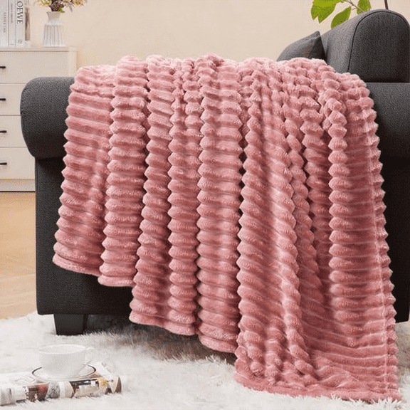 Fleece Throw Blanket for Couch – 3D Ribbed Jacquard Soft and Warm Decorative Fuzzy Blanket – Cozy, Fluffy, Plush Lightweight Pink Throw Blankets for Bed, Sofa, 50x60 inches