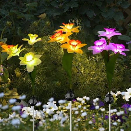 VBODN Artificial Flowers for Decoration Outdoor Artificia Flowers Solar Powered Flower Stake LED Lights 3 Head Outdoor Daffodil Garden Lights Decorative Stake Lights for Garden Yard