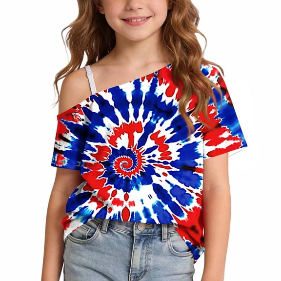 Kctiaxy Shirts for Teens Girls Patriotic Cold Shoulder Blouse Summer Cute Short Sleeve Loose Tees Blouses for 5-14 Years