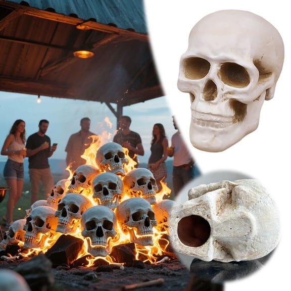 2025 Halloween Fire Pit Skull Decoration Reusable Fireproof Human Skull Gas Log for Indoor Outdoor Fireplaces Bonfire Ceramic Halloween Skull Props Decor and Fireplace Accessories