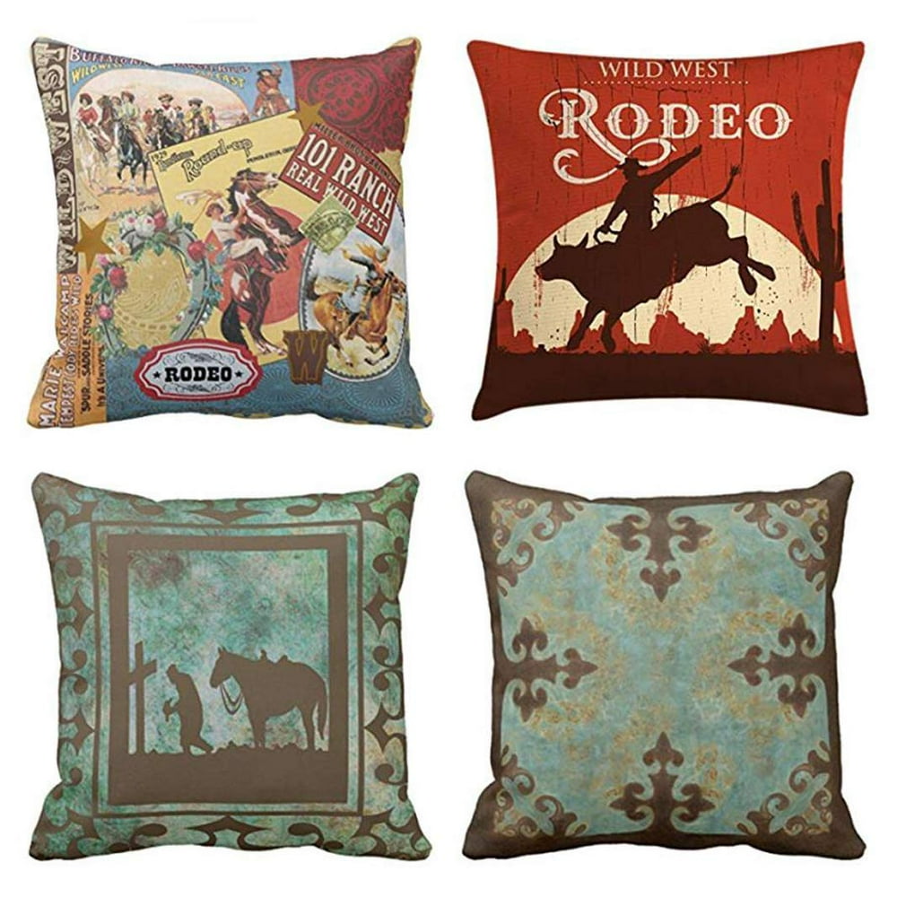 SUFAM Set of 4 Pillow Cases Vintage Western Cowboy Wild Modern West