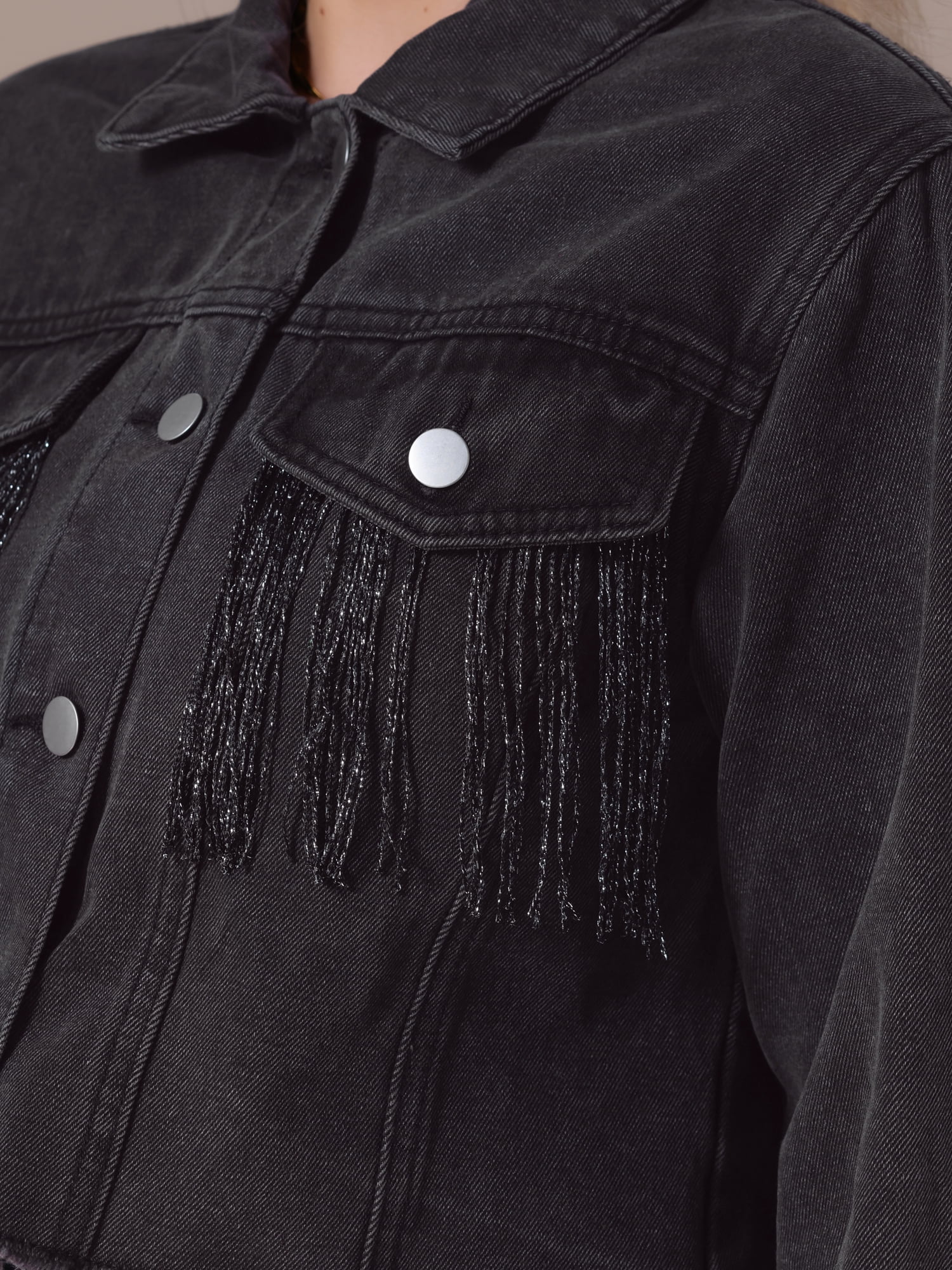 DARING DIVA Women's Cropped Jean Long Sleeve Frayed Tassel Fringe Denim Jacket L Black