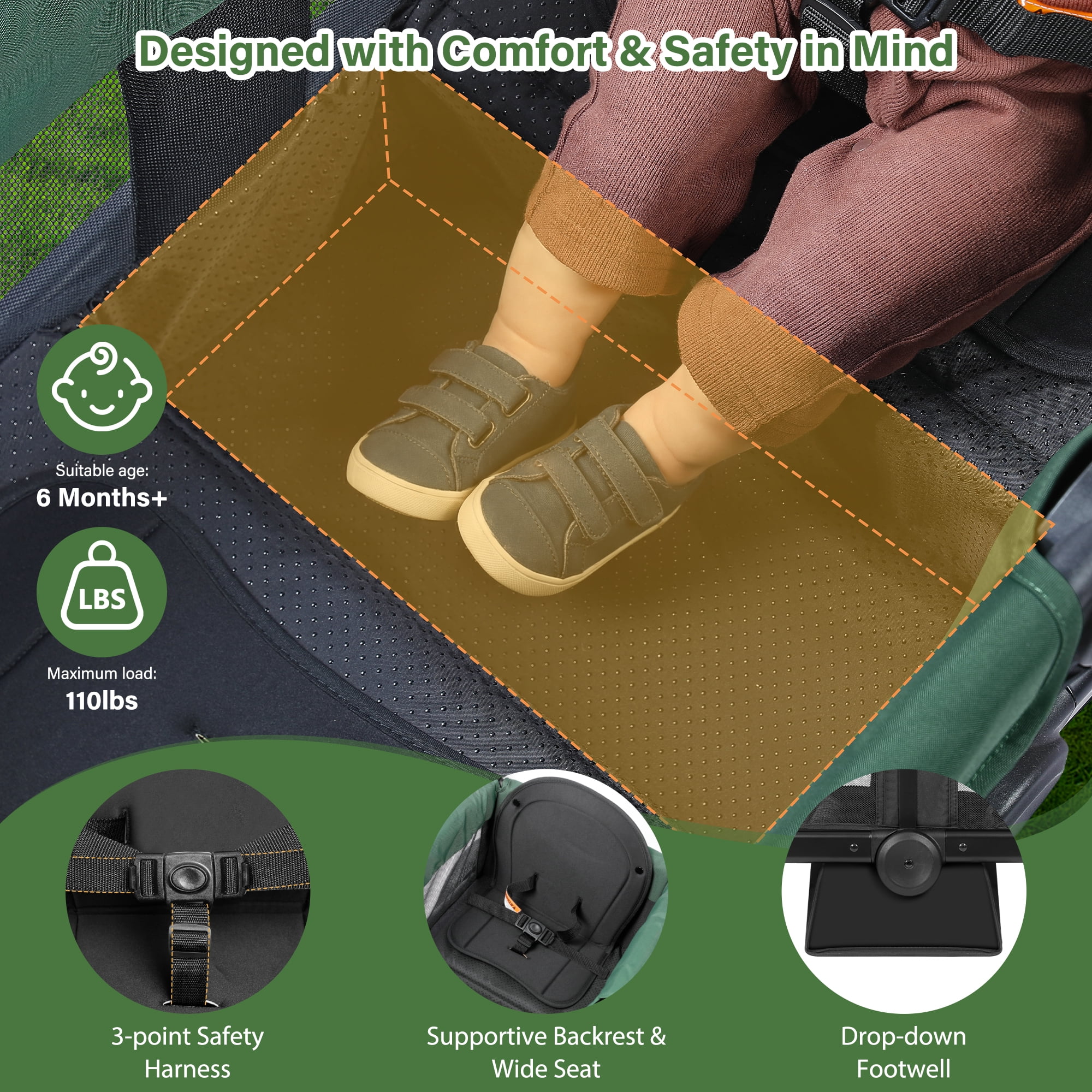 Bobiber Collapsible Wagon Stroller 2 Seater with 3-Point Harnesses, Canopy, Storage Bag, Adjustable Handlebar, 2 Cup Holders, Black