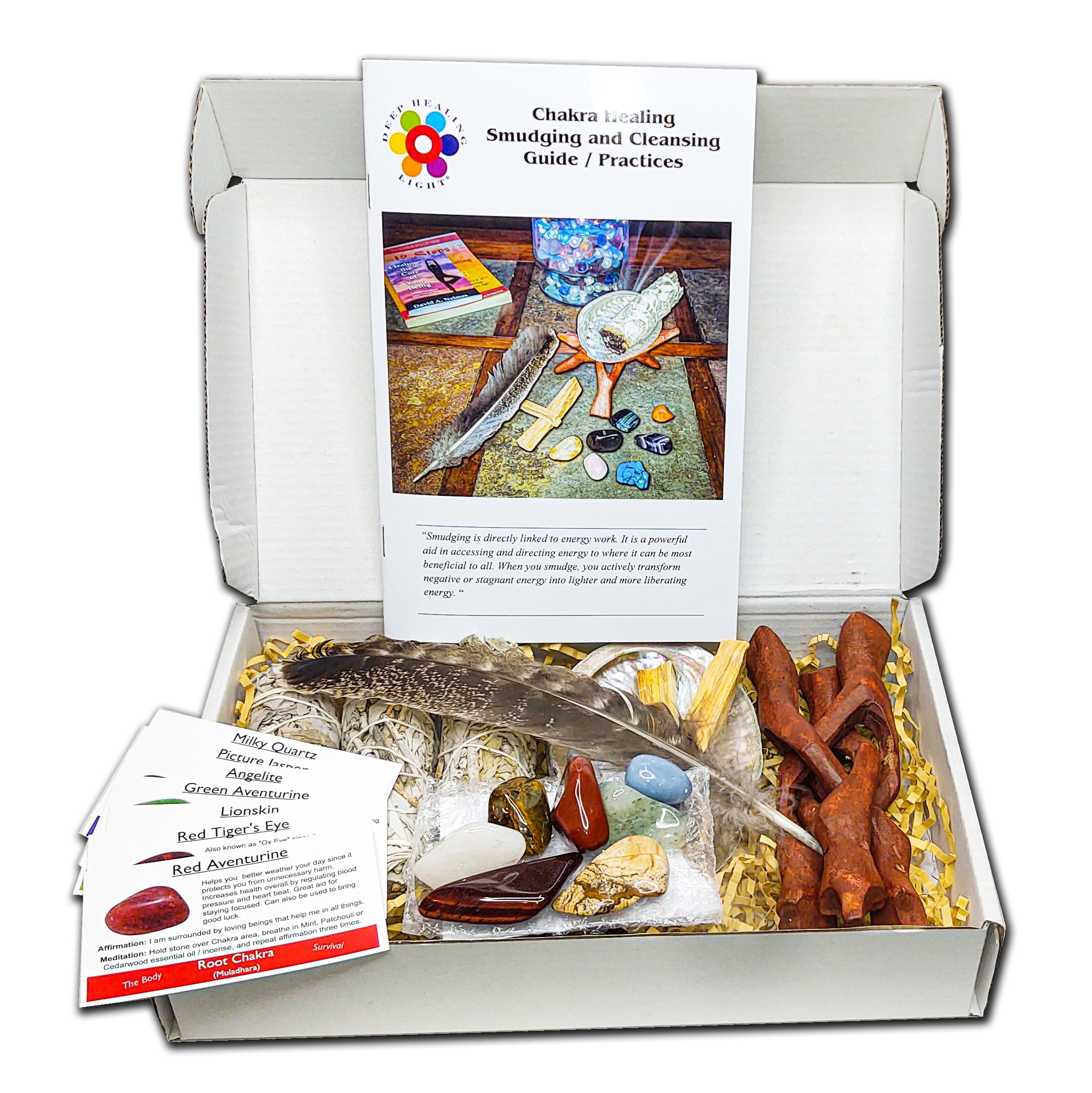 Chakra Healing Smudging and Cleansing Kit (23 Pc) with White Sage, Palo Santo Incense Sticks,  Chakra Stones and Instructions