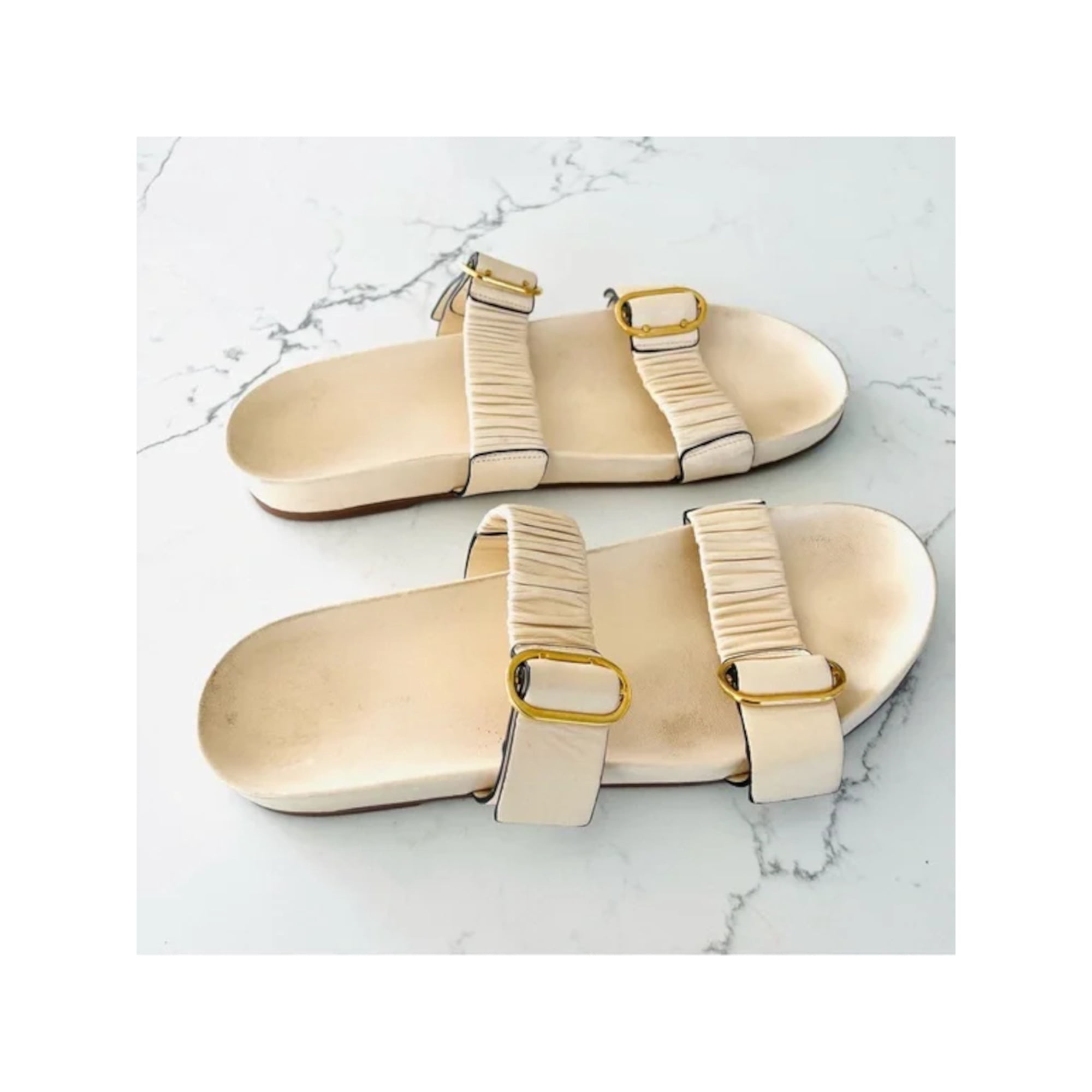 STUART WEITZMAN Womens Bisdrn Beige Ruched Straps Buckle Accent Padded Shalene Round Toe Platform Slip On Slide Sandals Shoes 8 M