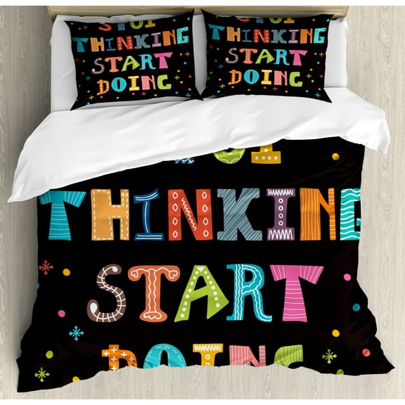Stop Thinking Start Doing Duvet Cover Set Queen Size, Colorful Illustration of Quoting in Letters Motivational, Decorative 3 Piece Bedding Set with 2 Pillow Shams, Multicolor, by Ambesonne