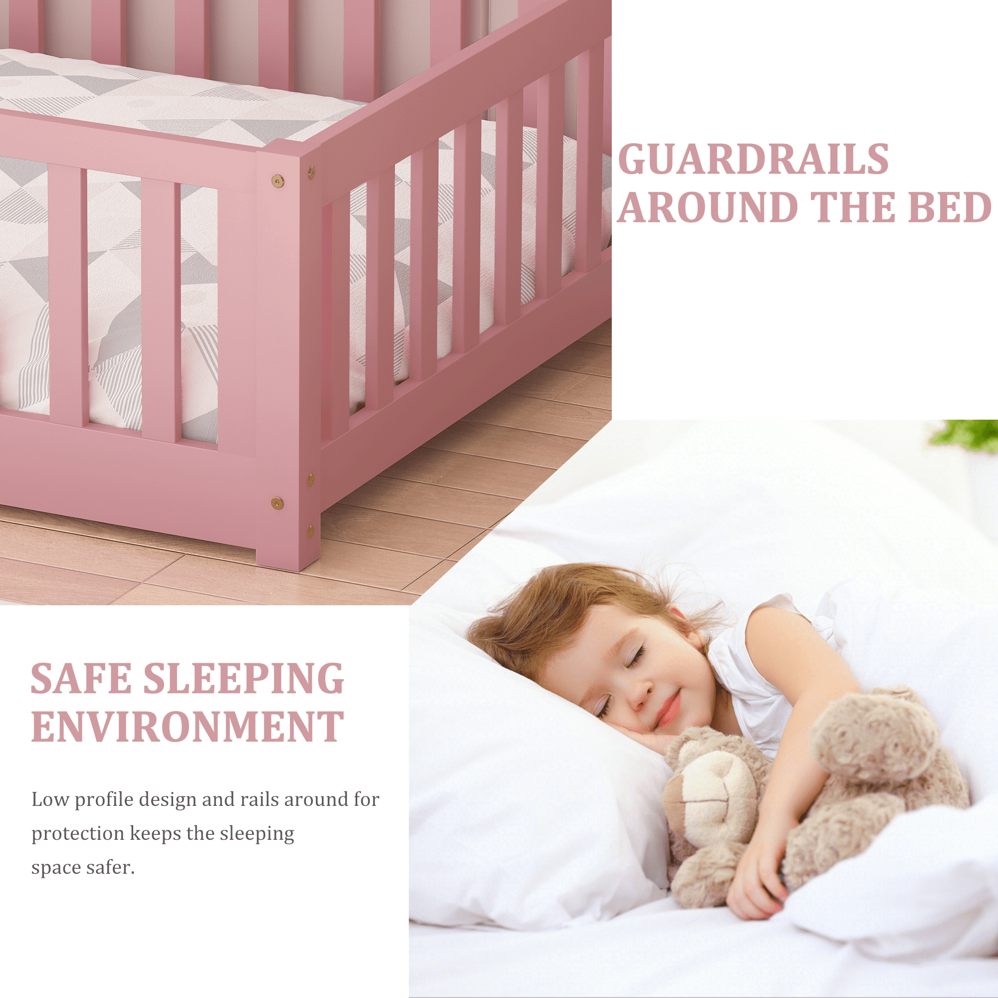 UHOMEPRO Twin Size Floor Bed with Fence and Door, Low Profile Montessori Floor Bed for Crib Transition, Solid Wood Cute Bed Frame with Slats Supports, Easy Assembly, No Box Spring Needed, Pink