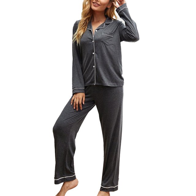 Conjunto de pijama para mujer, 2 piezas, color puro, manga larga, botones, cintura elástica, pantalones, ropa de dormir, ropa de descanso, gris oscuro M