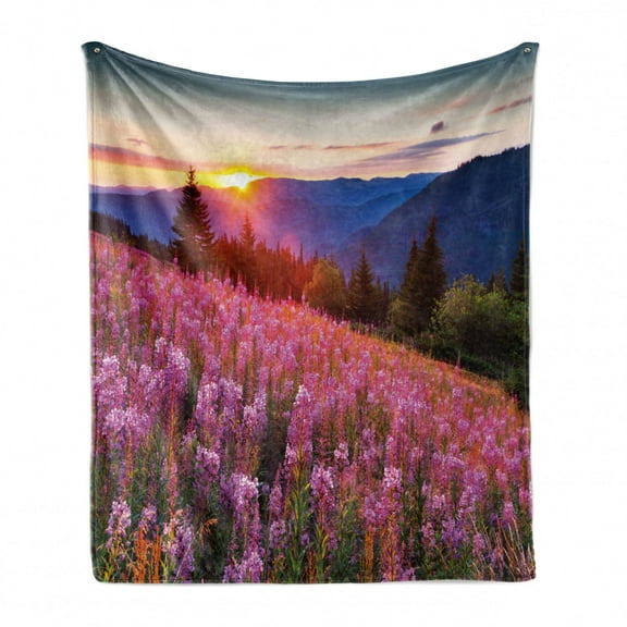 Countryside Soft Flannel Fleece Throw Blanket, Idyllic Spring Meadow on the Mountains with Flowers Rural Sunrise Landscape, Cozy Plush for Indoor and Outdoor Use, 50" x 60", Pink Blue, by Ambesonne