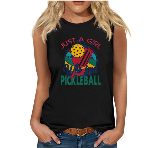 Summer Tank Tops for Women Casual Crewneck Sleeveless Shirts Pickleball Graphic Tees Loose Fit T Shirt Casual Blouse