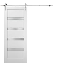Sliding Barn Door 28 x 96 with Stainless Steel 6.6ft Hardware | Quadro 4113 White Silk with Frosted Opaque Glass | Top Mount Rail Hangers Sturdy Silver Set | Lite Wooden Solid Panel Interior Doors