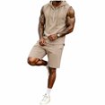 thumbnail image 2 of Mens 2 Piece Linen Outfits Sleeveless Hooded Tops Comfortable Shorts Workout Set Gym Tracksuit Sweatsuits Khaki XXXL, 2 of 5