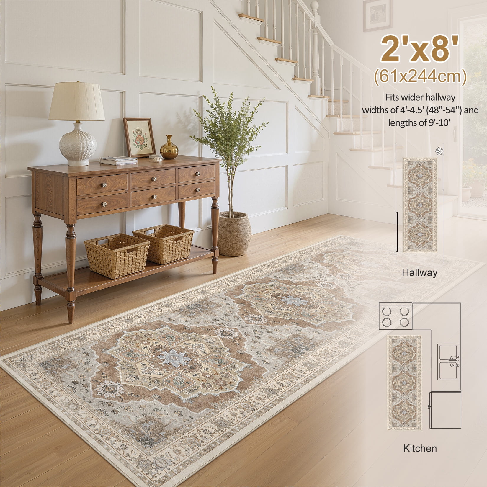 Toyoso 2x8 Runner Rug Vintage Medallion Washable Rug Cream Grey Low Pile Non Slip For Kitchen Hallway Laundry Room Entryway Home Decor Carpet
