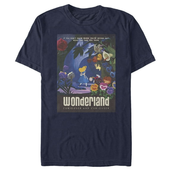 Men's Alice in Wonderland Distressed Any Road Can Take You There Poster  Graphic Tee Navy Blue 3X Large