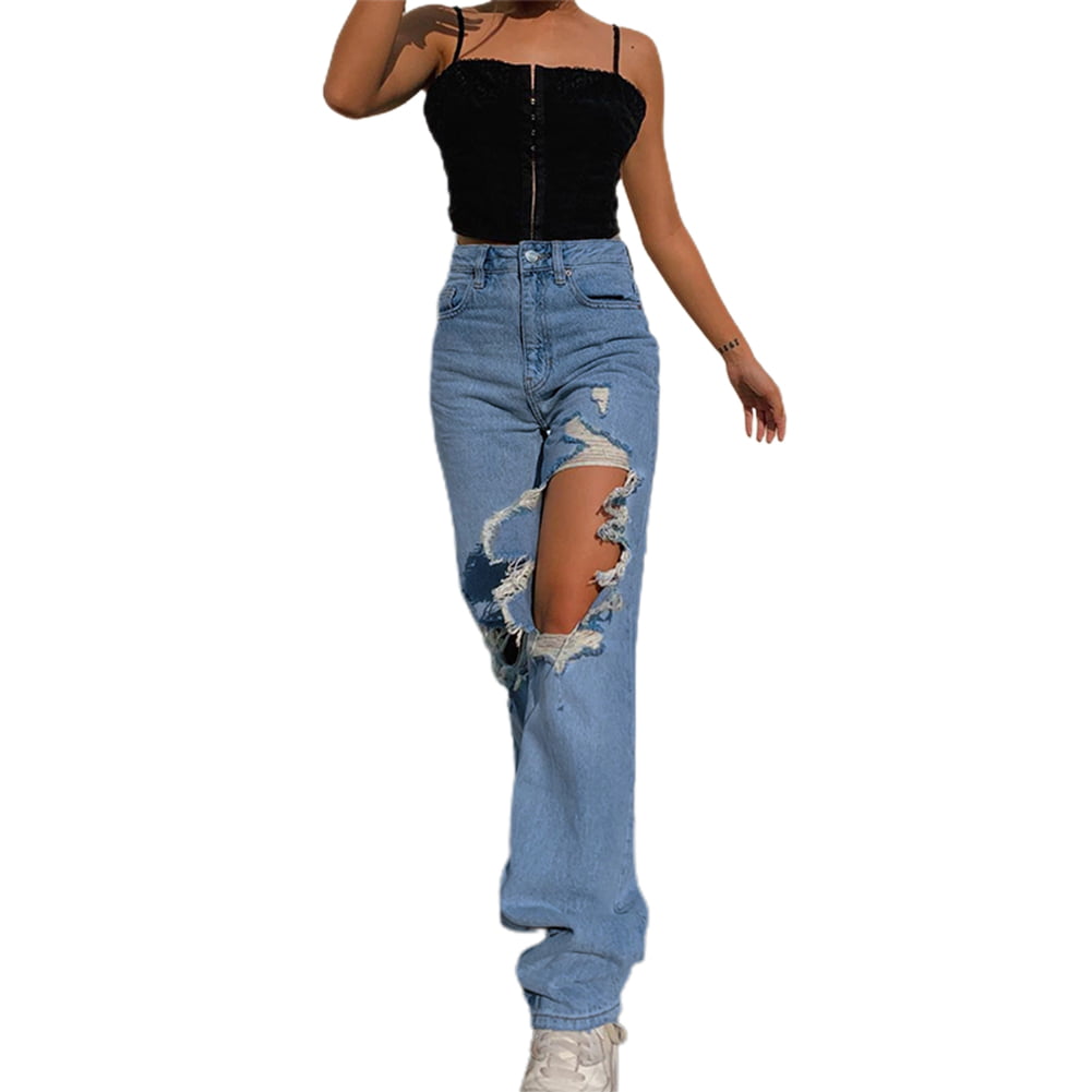 Buy Female Jeans Baggy Vintage High Rise Denim Distressed Streetwear Long S...