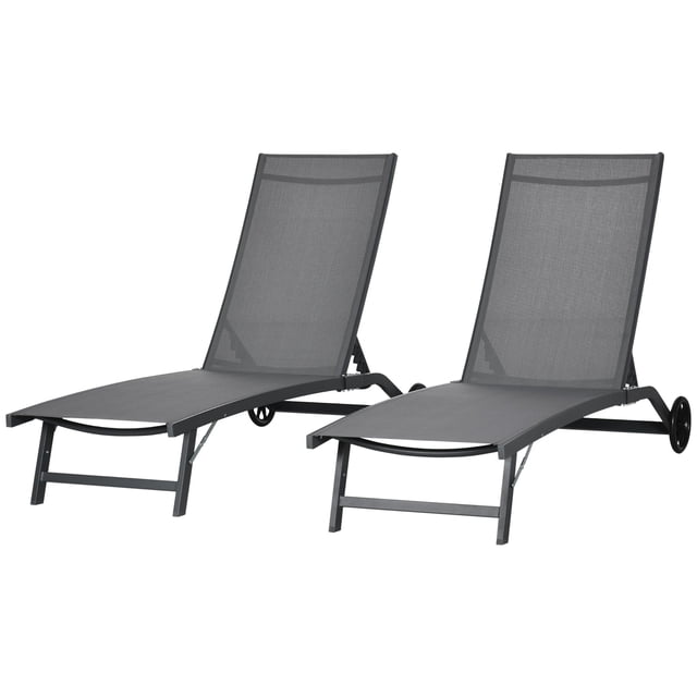 Set of 2 Outdoor Lounge Chairs, 5-Position Reclining Sun Loungers with Wheels, Breathable Mesh & Rustproof Aluminum Frame, Dark Grey Patio Chairs for Poolside, Backyard, Garden