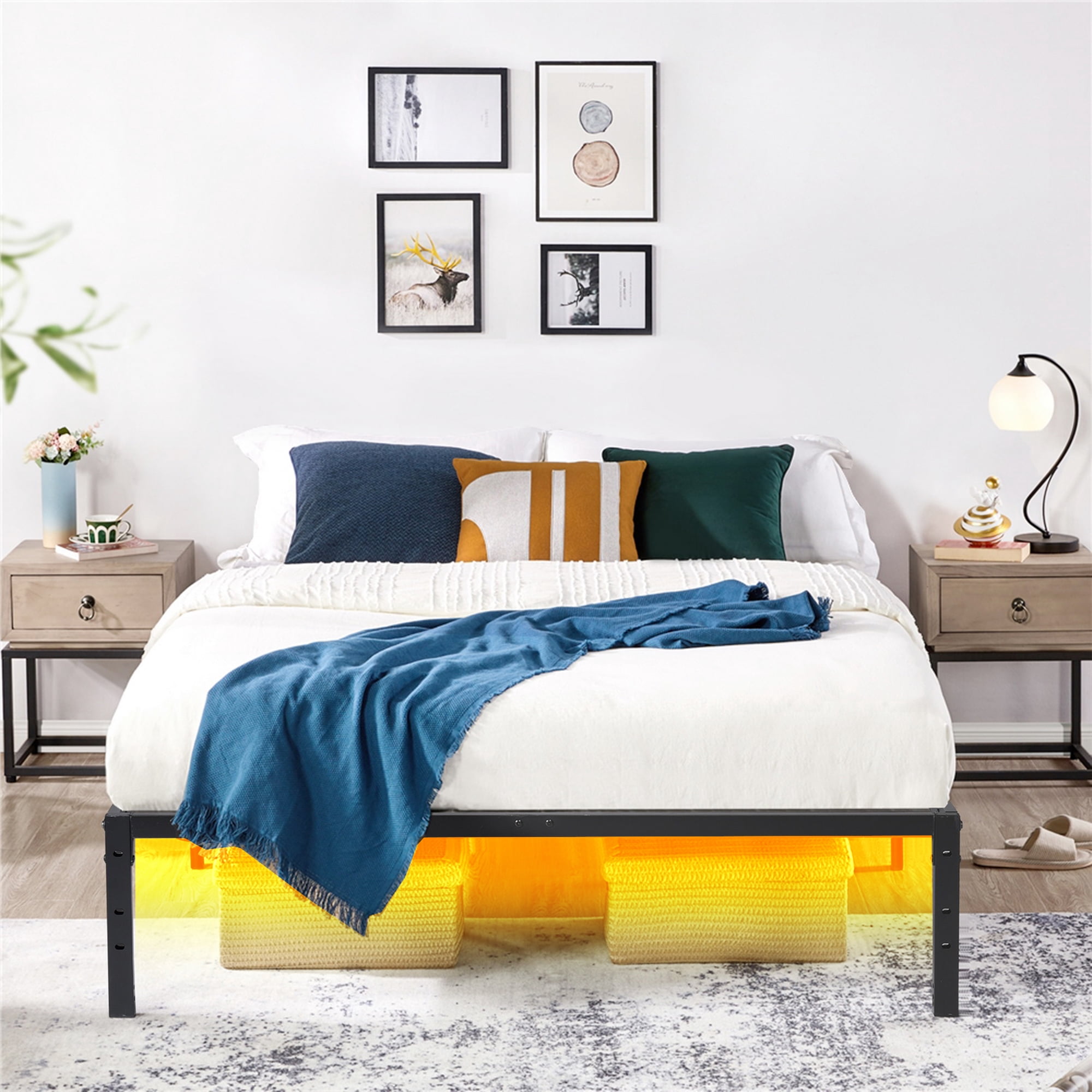 Auto Beyond Metal bed frame, double bed frame with storage space, heavy-duty sturdy mattress base, easy assembly, no box spring required, black