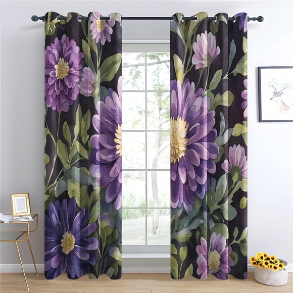 Blackout Curtains Botanical Floral Flower Pattern, Thermal Insulated Room Darkening Grommet Drapes for Living Room Bedroom Decorative Window Curtains 53"W x 63"L (Pack of 2)