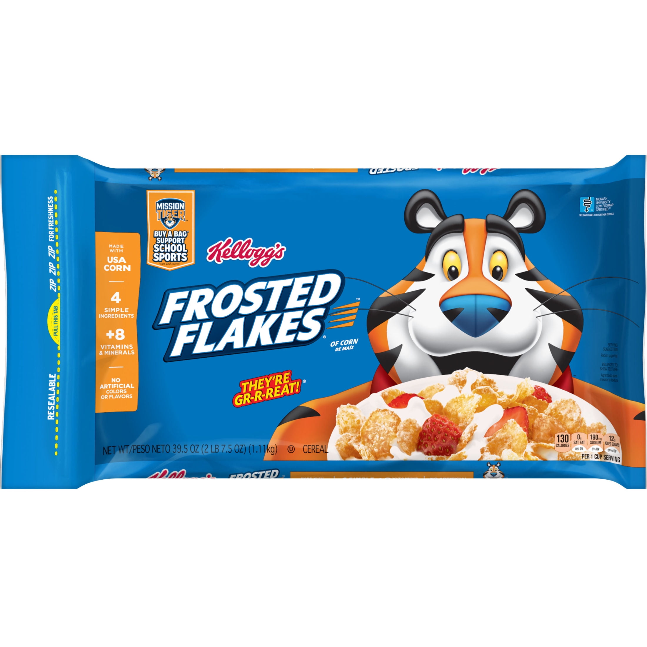 Kellogg's Frosted Flakes Original Breakfast Cereal, 8 Vitamins and Minerals Bag, 39.5 oz