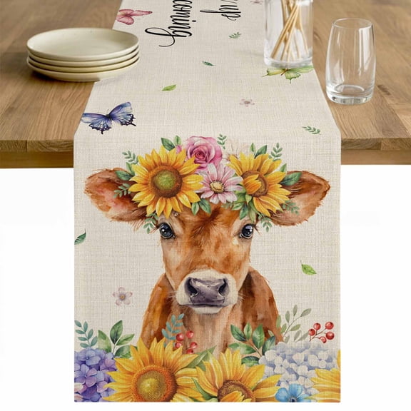Spring Cow Table Runner - 70 Inch Long Summer Sunflower Botanical Rustic Cotton and Linen Blended Dress Scarves Farmhouse Table Runner for Kitchen Dining, Coffee Table, 13" x 70"