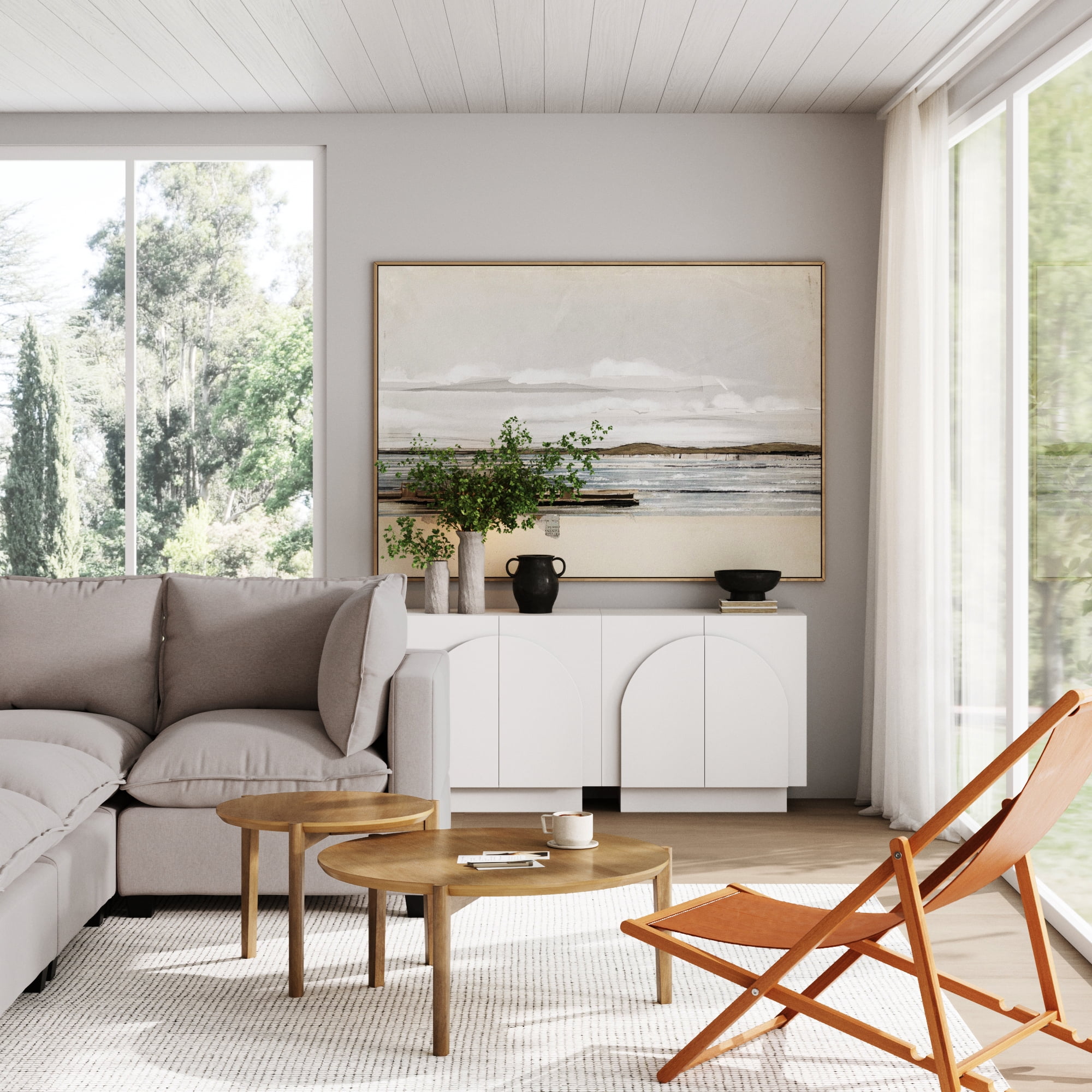 Nathan James Iris Mid-Century Modern Credenza, White Storage Cabinet, Living Room Wood Storage Cabinet with Arched Cabinet Doors