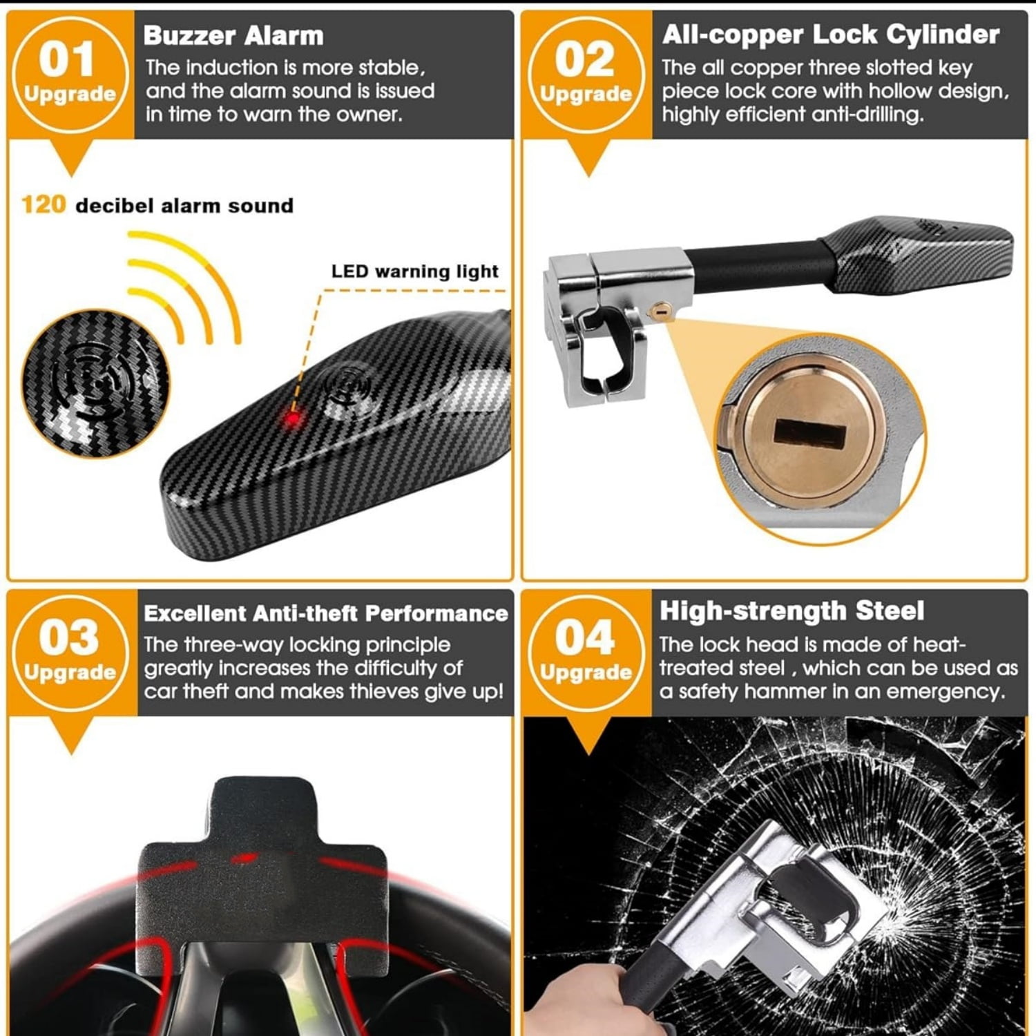 Steering Wheel Lock with Alarm,Heavy Duty Anti-Theft Car Device Car Lock Car Theft Prevention Universal Fit for Vehicle Truck Van SUV Car Security with 2 Keys